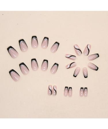 Shop French Tip Press On Nails - Medium Black Glitter Coffin Nails for Weddings & Birthdays | 26 Piece Set - Buy Online on GoSupps.com