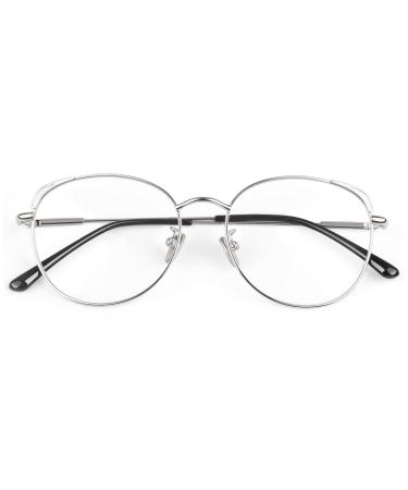 LINVO Glasses Without Prescription Women Classic Metal Frame Glasses Frame Vintage Glasses Cat Eye Fake Glasses Silver