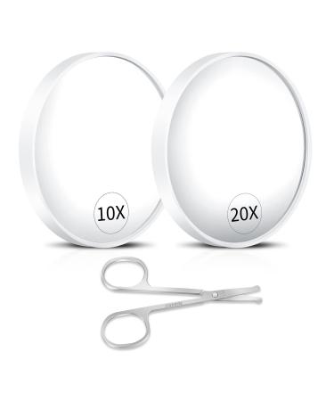 10X & 20X Magnifying Mirror - Use for Makeup Application  Eyebrow Tweezing  Blackhead Blemish Removal - 3.5 Inch Round Makeup Mirror with 2 Suction Cups for Easy Mounting and a Scissors (white)