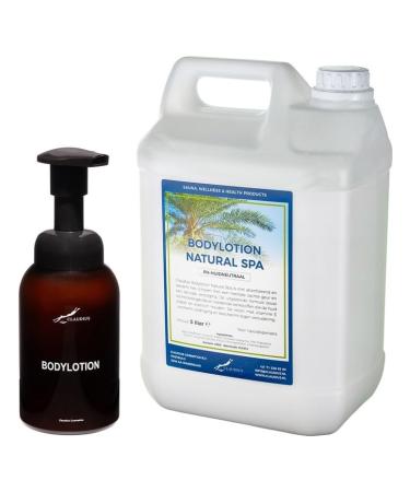Claudius Soap dispenser 300 ml amber brown refillable + 5 liter Body Lotion Natural Spa refill bottle with print