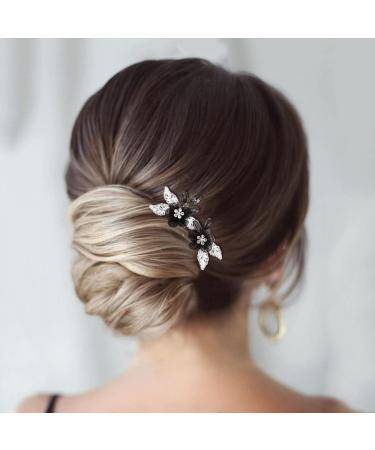 Casdre Black Flower Bride Wedding Hair Pins - Silver Crystal Bridal Hair Pieces (Pack of 2) - Buy Online on GoSupps.com
