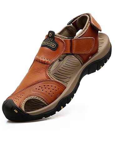 VISIONREAST Mens Leather Sandals Outdoor Hiking Sandals Waterproof Athletic Sports Sandals Fisherman Beach Shoes Closed Toe Water Sandals 12 B_brown