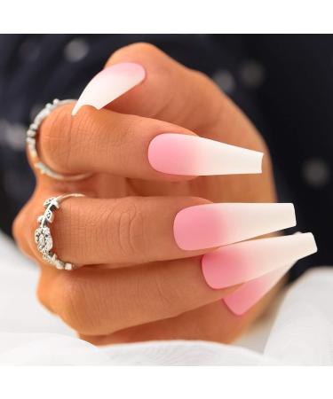 Sethexy matt ballerina false nail long coffin false fingernails pink 24st acrylic art you press on nail tips for women and girls