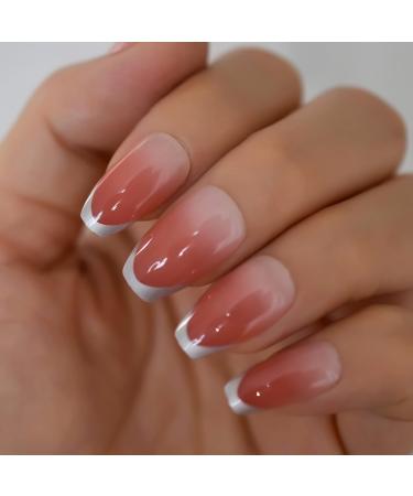 Coolnail Ombre Pink Silver French Ballerina Coffin False Nails Gradient Manicure Press on Daily Office Finger Wear Ballet Fake Nails Tips L5938