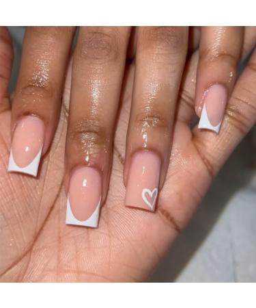 24Pcs/Set Press On Nails Medium Length White Heart Sweet False Nails Acrylic Fake Nails Full Cover Nails Tips Artificial Finger Manicure Press on nails for Women and Girls