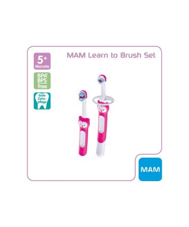 Mam Learn to Brush Set - Baby Toothbrush for 5+ Months | Long Handle Children's Toothbrush in Pink | Ideal for Training Good Oral Hygiene - Buy Online on GoSupps.com