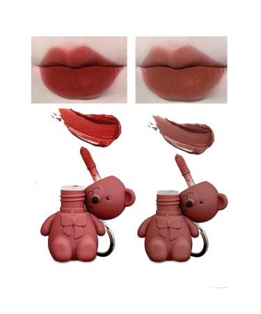 2PCS Keychain Bear Lipsticks labiales en forma de osito Velvet Matte Lipstick Lip Mud Set  Mist Matte Velvet Lipgloss  Waterproof Long Lasting Bear Lip Gloss  Moisturizing Lip StainCute Bear Beauty Makeup (02 06)