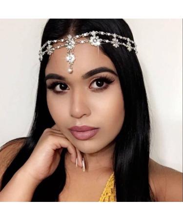 Yalice Indian Flower Head Chain Jewelry Gold Crystal Headband Elastic Goddess Headpieces Rhinestone Wedding Hair Chain Jewelry for Women and Girls (Gold-1)