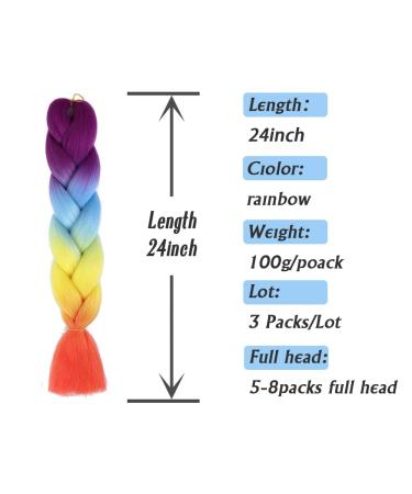 Ombre Rainbow Braiding Hair Extensions 24 Inch - 3 Pack Synthetic Jumbo Braiding Hair for Women - Purple/Blue/Yellow/Orange - High Temperature Twist Crochet Braids - Buy Online on GoSupps.com