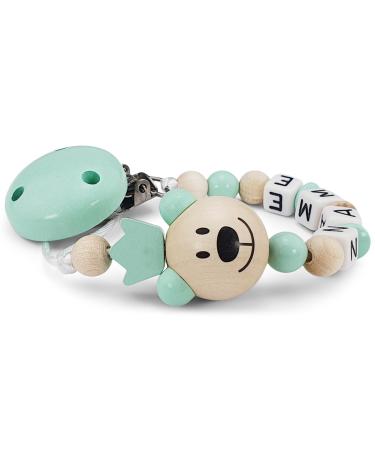 Kleinerstorch Nuckel holder personalized with names for girls & boys |Many colors |Baby gift for birth & baptism |Bear king (MINT)