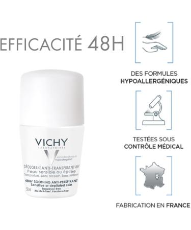 Vichy 48H Antiperspirant Deodorant Roll-on Fragrance-Free & Alcohol-Free Hypoallergenic For Sensitive or Hairless Skin Pack of 2 - Buy Online on GoSupps.com