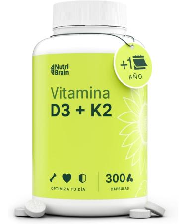 NUTRIBRAIN Vitamin D3 and K2 1000 IU - 40 Months 1 Capsule Every 4 Days Premium MK-7 100% All-Trans Maximum Bioavailability Supports Bones Immune System & Heart - 300 Tablets 