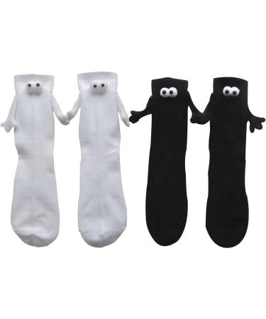 LELEBEAR Magnetic Hand Holding Socks 2Pairs Funny Couple Magnetic Socks Holding Hands Mid-Tube Socks 3D Doll Couple Socks One Size Black+white