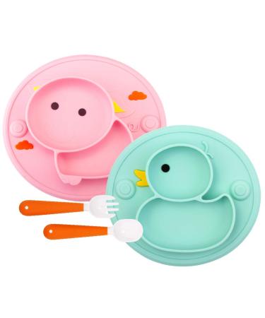Qshare Toddler Plates  One-Piece Baby Plate for Toddlers and Kids  BPA-Free Strong Suction Plates for Toddlers  Dishwasher and Microwave Safe Silicone Placemat (PigPink/DuckCyan)