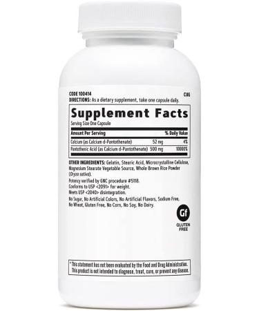 GNC Pantothenic Acid 500mg Capsules - Energy Metabolism Support (100 Count) - Buy Online on GoSupps.com