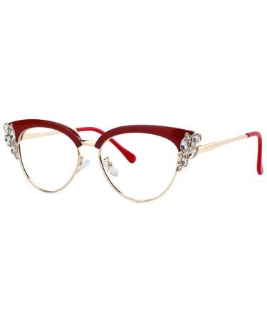 VOOGLAM Cat Eye Blue Light Blocking Glasses for Women with Crystal Black Stylish Eyeglasse Anti UV Blue Light Eyestrain Red/Crystal