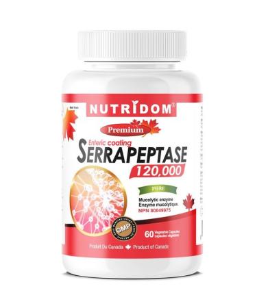Nutridom Serrapeptase 120 000 SU Enteric Coated Capsules Non-GMO Free of Gluten Soy & Dairy Made in Canada (60 Count)