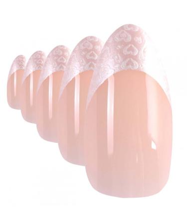 Bling Art Almond False Nails Fake Stiletto White Hearts 24 Acrylic Long Tip Glue