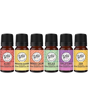 Wild Essentials 6 Pack Synergy Blend Aromatherapy Essential Oil Gift Set 100% Pure Undiluted 10ml Bottles of Breathe Easy Alert Inner Calm Relax Uplifting Zen Made in USA