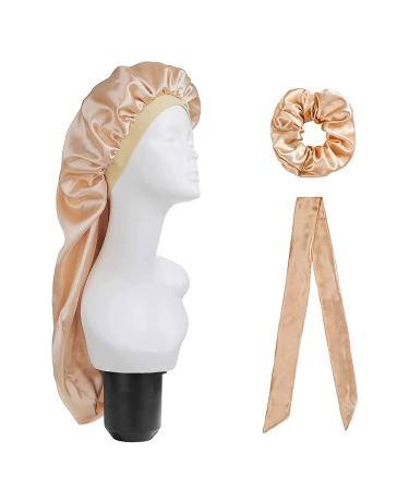 Duyifan 3 PCs/Set Extra Long Satin Bonnet Night Sleep Caps for Women Long Curly Hair Braids Dreadlocks Covers Breatatable Turban Has Head Wrap (Yellow)