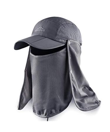 ELLEWIN Fishing Hat Sun Cap UPF 50+ Outdoor Hiking Hat with Removable Mesh Face Neck Flap Cover Windproof Strap Grey