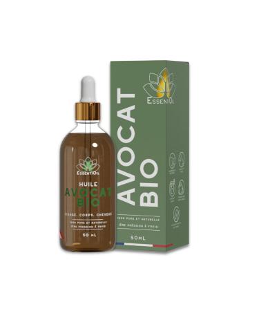 ESSENTIOIL Organic Avocado Oil – 100% Pure, Natural – Prevents Hair Loss, Strengthens Hair – Fights Stretch Marks, Nourishes the Skin – 50 ml Glass Bottle – French Brand