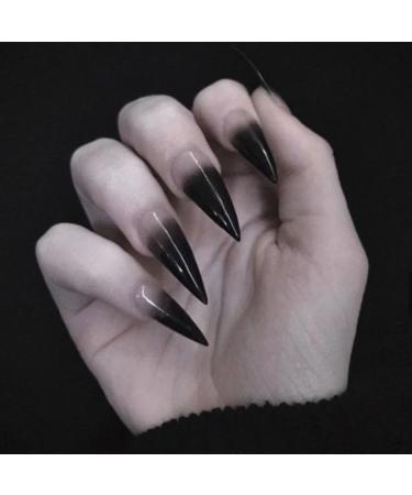 SINHOT Stiletto Press on Nails Extra Long Fake Nails with Glue Glossy False Nails with Black Gradient Designs Full Cover Almond Acrylic Nails 24pcs FND001