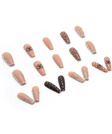 JUSTOTRY 24 Pcs Brown French Press On Nails with Diamond - Long Ballerina Stick On Nails for Women - Acrylic Coffin Fake Nails Medium - Nail Art Glue Included - Buy Online on GoSupps.com