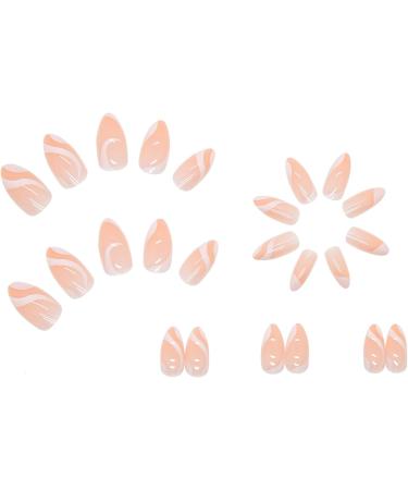 24Pcs Almond French Tips Press on Nails with White Lines Designs - Glossy Short False Nails for Women - DIY Manicure Set - Buy Online on GoSupps.com