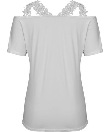 Gray X-Large Cutout Cold Shoulder Lace Patchwork T Shirt - Women's Plus Size V-Neck Floral/Solid Blouse | Summery Casual Short Sleeve Top - Buy Online on GoSupps.com