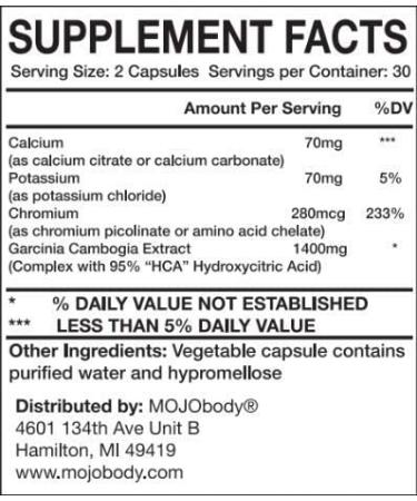 MOJObody Garcinia Cambogia Plus 95% HCA, Chromium, Potassium & Calcium - 1400mg, 60 Capsules - Appetite Suppression, Stress Reduction - Buy Online on GoSupps.com