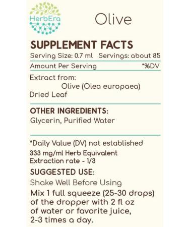 HerbEra Olive B60 Alcohol-Free Herbal Extract Tincture Concentrated Liquid Drops Natural Olive (Olea europaea) Dried Leaf 2 fl oz 2 Fl Oz (Pack of 1) - Buy Online on GoSupps.com
