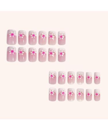 24Pcs Pink Flower French Tip Press-On Nails | Short Square Artificial Fake Nails for Women & Girls | Full Cover Stick-On Nail Art Supplies - Buy Online on GoSupps.com