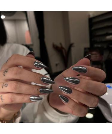 Black Chrome Press On Nails - Medium Almond - 24 PCS Metallic Fake Nails for Daily Wear | SXVME Mirror Metal Acrylic Nails - Buy Online on GoSupps.com