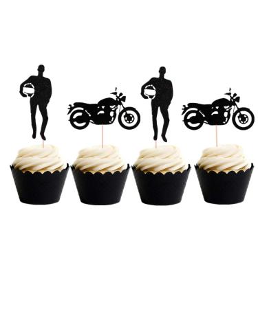 LaVenty Set of 24 Black Motorcycle Cupcake Toppers Scooter Cake Decoration Motorcycle Themed Cupcake Toppers for Man s or Boy s Birthday Party Decoration