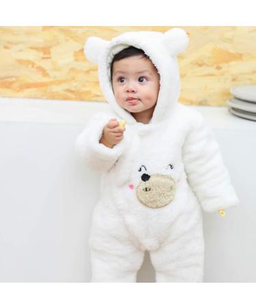 Puseky Newborn Baby Bear Snowsuit Winter Coat Hooded Romper | Unisex Fleece Jumpsuit 0-3 Months - White - Buy Online on GoSupps.com