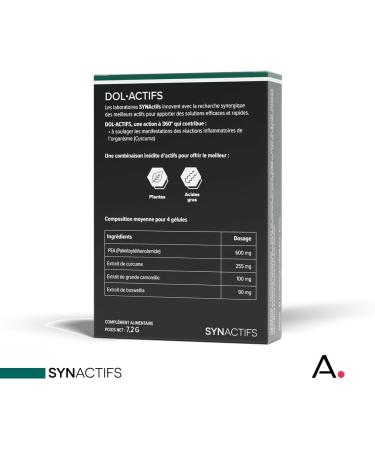 ARAGAN - Synactives - Dolactif - Anti-inflammatory Food Supplement - Turmeric PEA Boswellia Chamomile - 12 Capsules - 5 to 20 capsules taken - Made in France - Buy Online on GoSupps.com