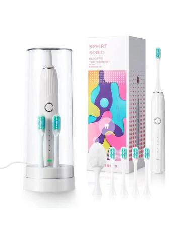 Gzyofo Sonic electric toothbrush for adults 6 brush heads 5 modes face brush smart timer.This electric toothbrush is white with a cup holder for travel and at home