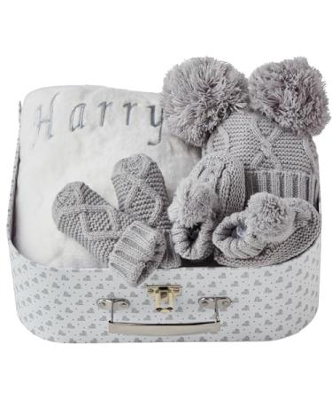 Personalised Baby Shower Gifts - Personalised Gifts with Baby Winter Clothes Newborn Baby Gift Set with Hat Fleece Blanket Baby Knitted Booties Gloves Personalised Baby Gifts Newborn Essentials Customised Grey