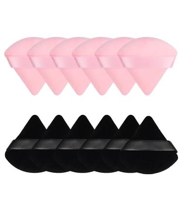 Pimoys 12 Pieces Powder Puff Soft Face Triangle Makeup Puffs for Loose Powder Body Cosmetic Foundation Sponges Beauty Makeup Tools Made of Velour(Black+Pink)