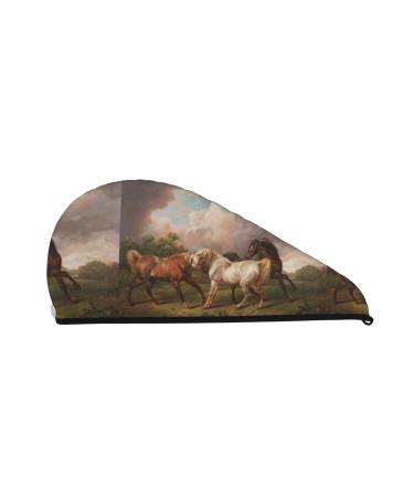 Hair Towel Wrap Hair Drying Towel with Button Towel Turban Head Towel to Dry Hair Quickly (Three Horses Oil Painting)