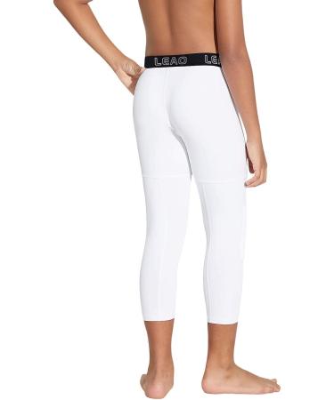 LEAO Youth Boys 3/4 Compression Pants with Knee Pads Cool Dry Basketball Tights Sports Capri Leggings White Small - Buy Online on GoSupps.com