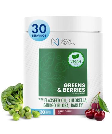 Nova Pharma Greens & Berries - 100% Organic Greens Superfood Powder Rich Vitamins Fiber Omega-3 Fatty Acids Boosts Immune System Detoxifies Digestive System - Lactose-Free GMO-Free - 30 Servings Cherry