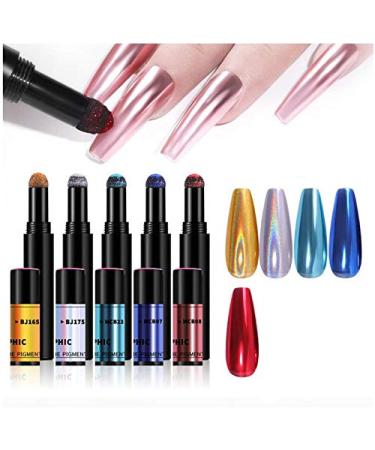 XICHEN 5 colors/set Chrome Air Cushion Nail Powder Pen Holographic Nails Powder with Mirror Effect, Manicure cushion magic pen, laser gold and silver colored phantom sponge nail pen