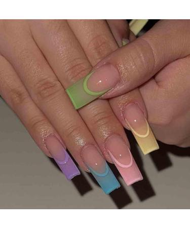 Foccna Long Press on Nails Square French Fake Nails Full Cover Acrylic False Nails Colorful Nails for Women and Girls 24PCS