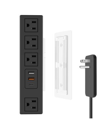 JUNNUJ Thin Flat Plug Power Strip Under Desk, Outlet Cover Surge Protector 4 Outlets Socket Fast Charging USB-C, Wall Mounted Baby Proofing Socket Station, Child Safety Extension Cord 6FT - Black 6FT Black