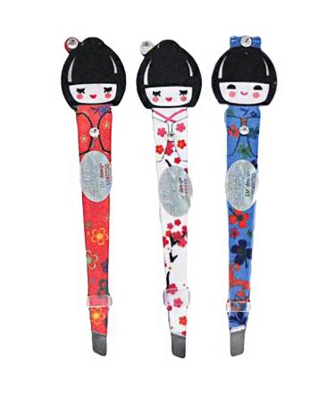 Vantexi Assorted Color Japanese Geisha Kokeshi Doll Facial Hair Plucking Tweezer Set Pack of 3