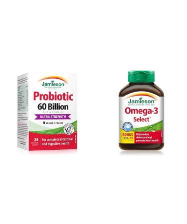 Jamieson Probiotic 60 Billion 24 Capsules & Omega-3 Select 1 000 mg 60 Billion Active Cells SUPPLEMENT + SUPPLEMENT