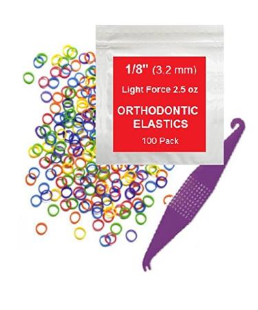 1/8 Inch Orthodontic Elastic Rubber Bands, 100 Pack, Neon, Light 2.5 Ounce Small Rubberbands Dreadlocks Hair Braids Fix Tooth Gap, Free Elastic Placer for Braces Light Force 2.5 Ounce 100 Pack - Neon