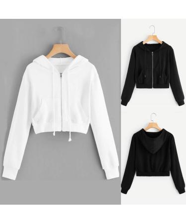Angxwian Women's Zip Up Hoodie - Casual Long Sleeve Cropped Sweatshirt with Pockets - Black/White - Size Large - Buy Online on GoSupps.com